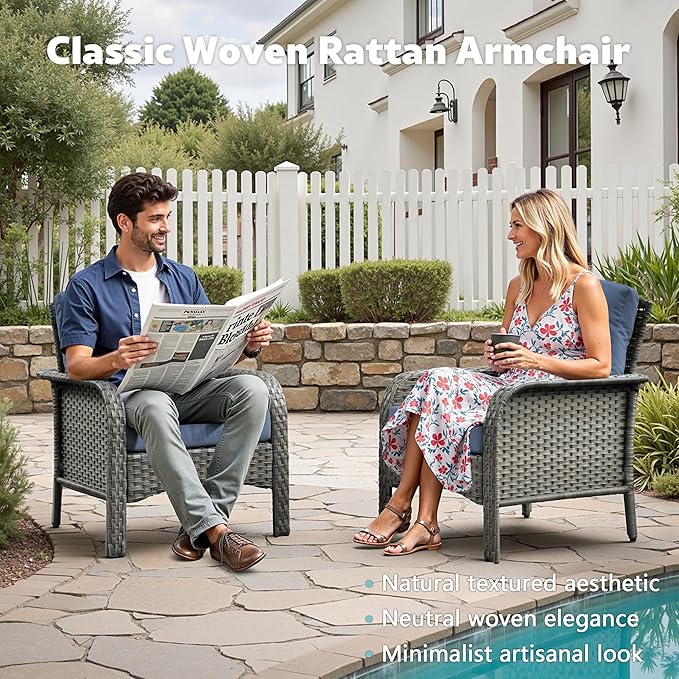 4-Piece Wicker Patio Furniture Set, All-Weather Rattan Conversation Bistro Loveseat Chair and Table Set for Backyard, Balcony and Deck with Soft Cushions and Metal Table(Blue)