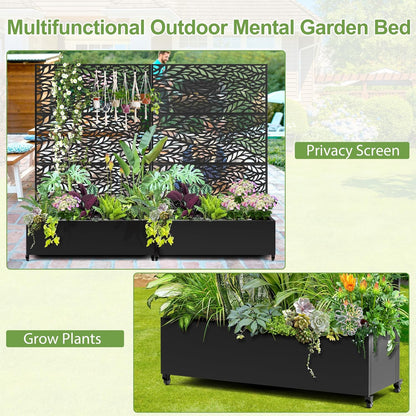 Raised Garden Bed with Trellis and Wheels,73"x47"x16" Metal Raised Garden Bed,Black Flowing Leaf Metal Planter with Climbing Trellis for Vines & Vegetables