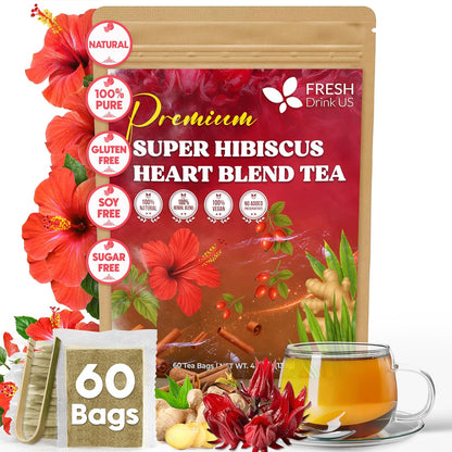 FreshDrinkUS, 60 Tea Bags Super Hibiscus Heart Blend– Herbal Tea with Hibiscus Flower, Ginger, Cinnamon Stick, Lemongrass & Rose Hip – Naturally Caffeine-Free, Sugar-Free, Vegan