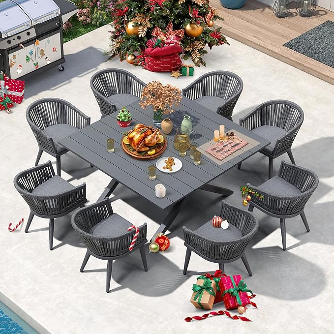 PURPLE LEAF 9 Pieces Outdoor Dining Set with Patio Aluminium Square Dining Table and Wicker Rattan Chairs Modern Furniture Cushions Sets for Backyard Indoor Decor Kitchen Grey
