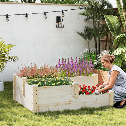 HAPPYGRILL 3-Tier Raised Garden Bed, Wood Elevated Planter Box w/Open-Ended Base, 3 Planting Depths& 2 Arrangement Options for Yard Lawn, Outdoor Planter Raised Beds for Vegetables Herbs Fruits