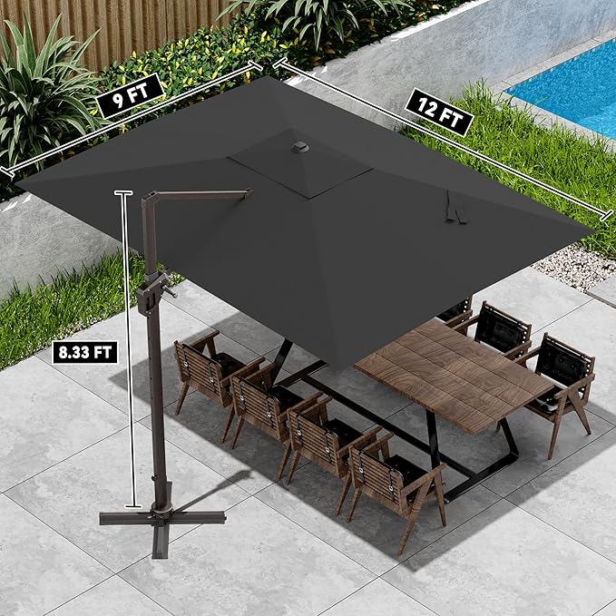 9' X 12' Cantilever Patio Umbrella 360°Rotation Rectangular Outdoor Large Offset Umbrellas Heavy Duty Windproof for Garden Deck Pool Backyard, Grey