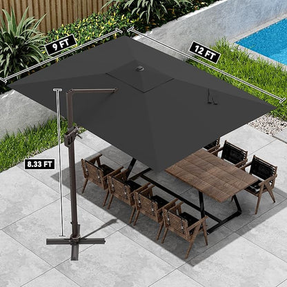 9' X 12' Cantilever Patio Umbrella 360°Rotation Rectangular Outdoor Large Offset Umbrellas Heavy Duty Windproof for Garden Deck Pool Backyard, Grey