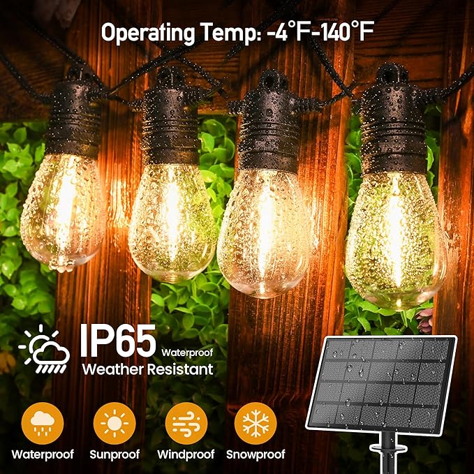 Solar String Lights Outdoor Waterproof 54 FT 24 Sockets 25 LEDs Patio Lighting, USB Charge & Remote Controlled Dimmer Timer, Solar Outdoor Lights for Patio Yard Outside Camping Party 2700K