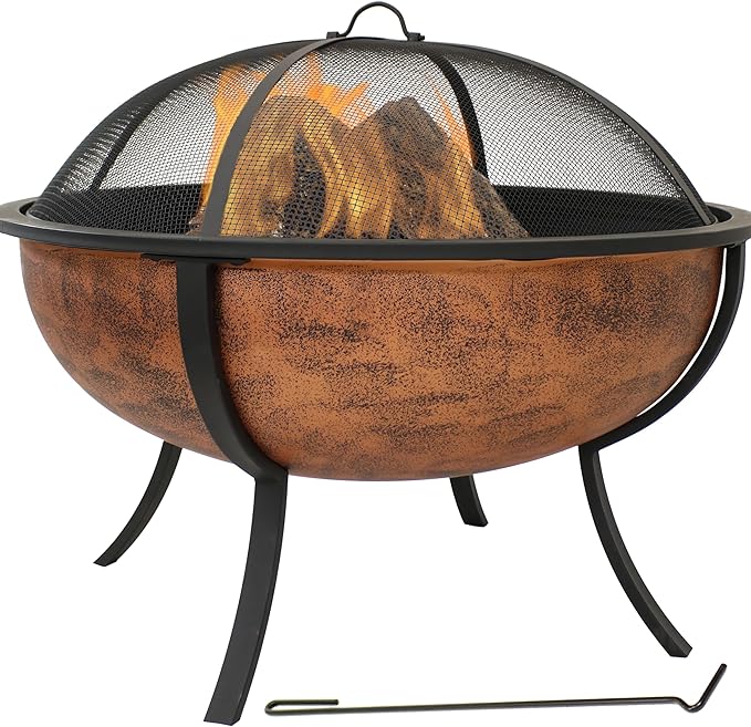 Sunnydaze 32-Inch Copper Fire Pit for Outside - Wood-Burning Fire Pit Bowl with Spark Screen, Wood Grate, and Poker