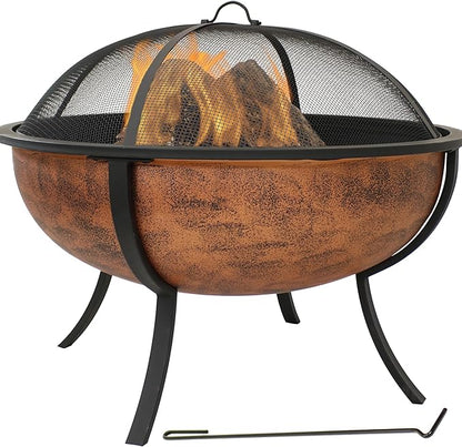 Sunnydaze 32-Inch Copper Fire Pit for Outside - Wood-Burning Fire Pit Bowl with Spark Screen, Wood Grate, and Poker