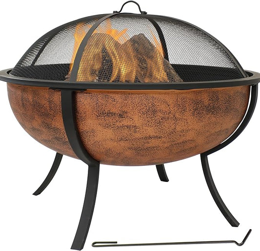 Sunnydaze 32-Inch Copper Fire Pit for Outside - Wood-Burning Fire Pit Bowl with Spark Screen, Wood Grate, and Poker