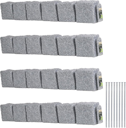 Beuta Landscape Edging | Garden Edging Border | Faux Stone Blocks for Lawn Edging, Flower Beds & Yard Edging – 4 Pack | Each Section Has 6 Blocks 48" L x 4" W x 6.5" H | 8 Spikes | Greystone