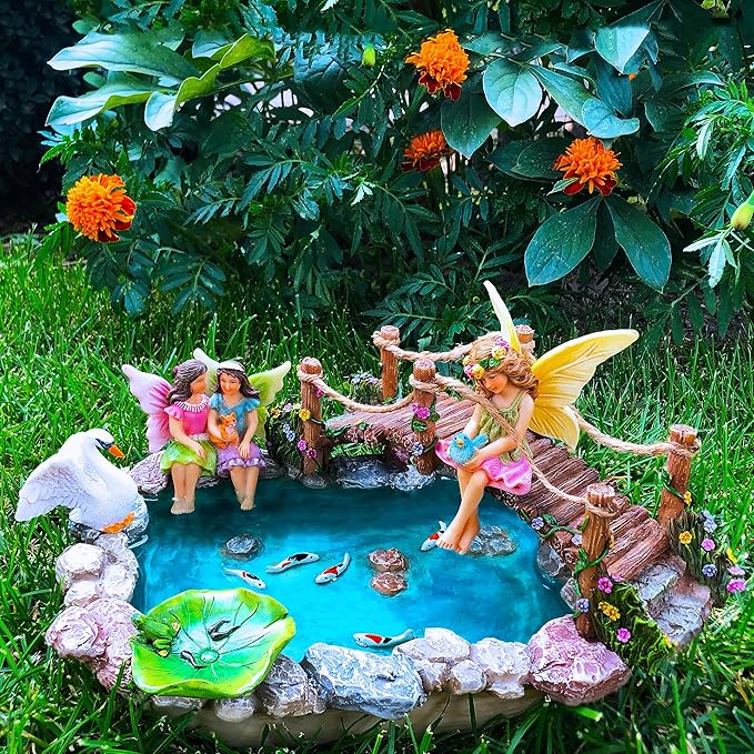Mood Lab Fairy Garden Fish Pond Kit - Miniature Bridge Set of 6 pcs Fairy Garden Figurines & Accessories - Outdoor or House Decor