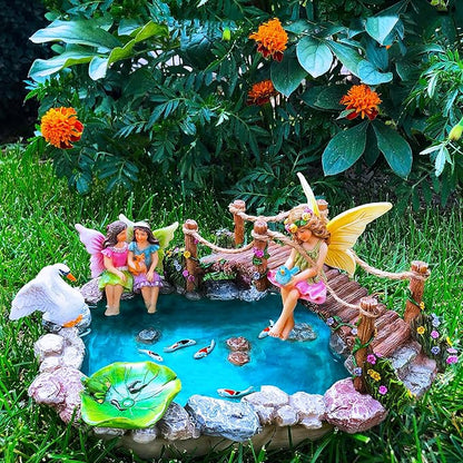 Mood Lab Fairy Garden Fish Pond Kit - Miniature Bridge Set of 6 pcs Fairy Garden Figurines & Accessories - Outdoor or House Decor