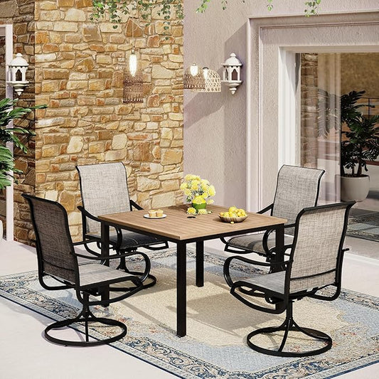 MFSTUDIO Patio Table and Chairs Set of 4, Outdoor Dining Set with Square Table and Swivel Chairs, 5 Piece Patio Furniture Set for Deck/Backyard/Poolside/Garden