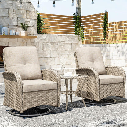 Joyside Outdoor Swivel Rocker Chairs, 3 Piece Wicker Patio Set with Thick Cushion and Side Table, Rattan Patio Swivel Rocking Chairs for Porch, Deck Use (Natural/Beige, 3 PCS)