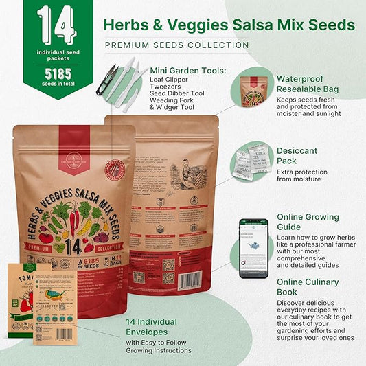 Organo Republic 14 Herbs & Veggies Salsa Mix Seeds Variety Pack - 5,180+ Non GMO Heirloom Herb, Tomato & Chili Pepper Seeds for Planting Outdoor & Indoor Home Gardening: Basil, Cilantro Onion, Peppers