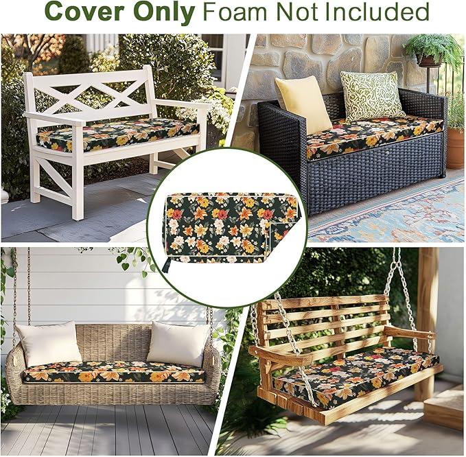 Porch Shield Outdoor Bench Cushion Cover – Waterproof Swing Cushion Cover for Patio Furniture Loveseat (Not Insert) Floral Black 48" W x 18" D x 3" H