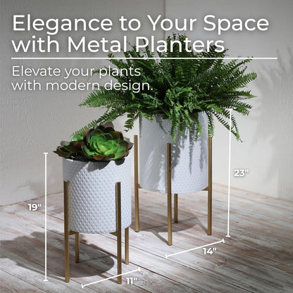 Set of 2 Metal Decorative Planter Pot with Gold Stand – Outdoor & Indoor Plant Pot with Embossed Textured Finish – Modern Garden & Home Decor Iron Planters – 23" & 19", White