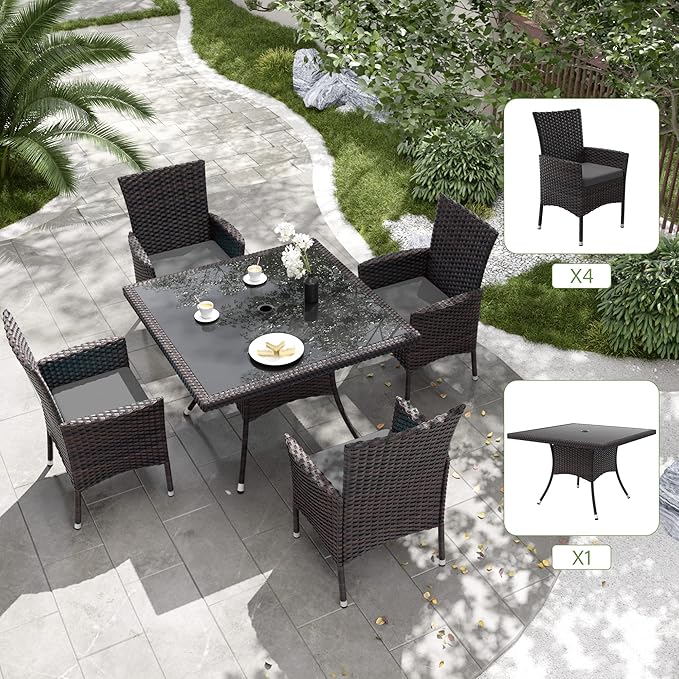 Kurapika 5-Piece Patio Furniture Outdoor Dining Set, Wicker Rattan Patio Dining Table and 4 Chairs Set, Square Tempered Glass Tabletop with Umbrella Hole, for Patio, Backyard, Grey