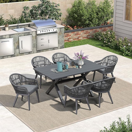 PURPLE LEAF 7 Pieces Patio Dining Set with Outdoor Aluminium Dining Table and Woven Rattan Chairs Modern Metal Furniture Cushions Sets for Garden Yard Indoor Decor Kitchen Grey