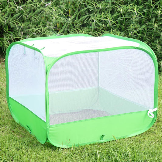 Mesh Plant Cover for Outdoor, Plant Netting Protector Garden Enclosure Cloche for Fruit, Vegetables, Strawberry, Flowers and Herbs Pop-Up Cage with 4 Stakes (White with Green, 39.4" x 39.4" x 19.7")