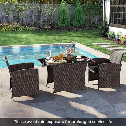 Tangkula 3 Piece Patio Wicker Dining Set, 2 Rattan Chairs with Rectangle Tempered Glass Dining Table, Outdoor Conversation Set with Cushions for Backyard, Porch, Poolside