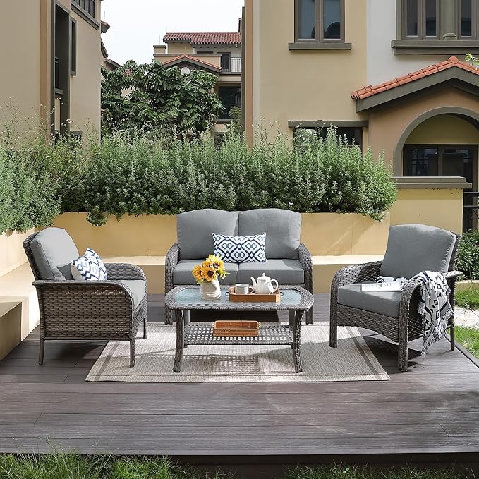 4-Piece Wicker Patio Furniture Set, All-Weather Rattan Conversation Bistro Loveseat Chair and Table Set for Backyard, Balcony and Deck with Soft Cushions and Metal Table(Dark Gray)