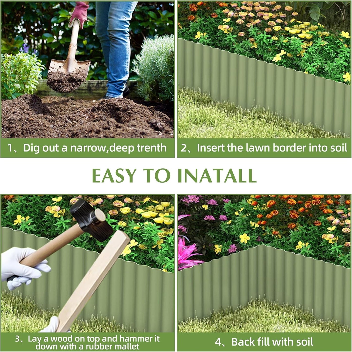 Metal Garden Edging Border, Corrugated Steel Landscaping, DIY for Lawn (Green, 6 Inch x 20FT)