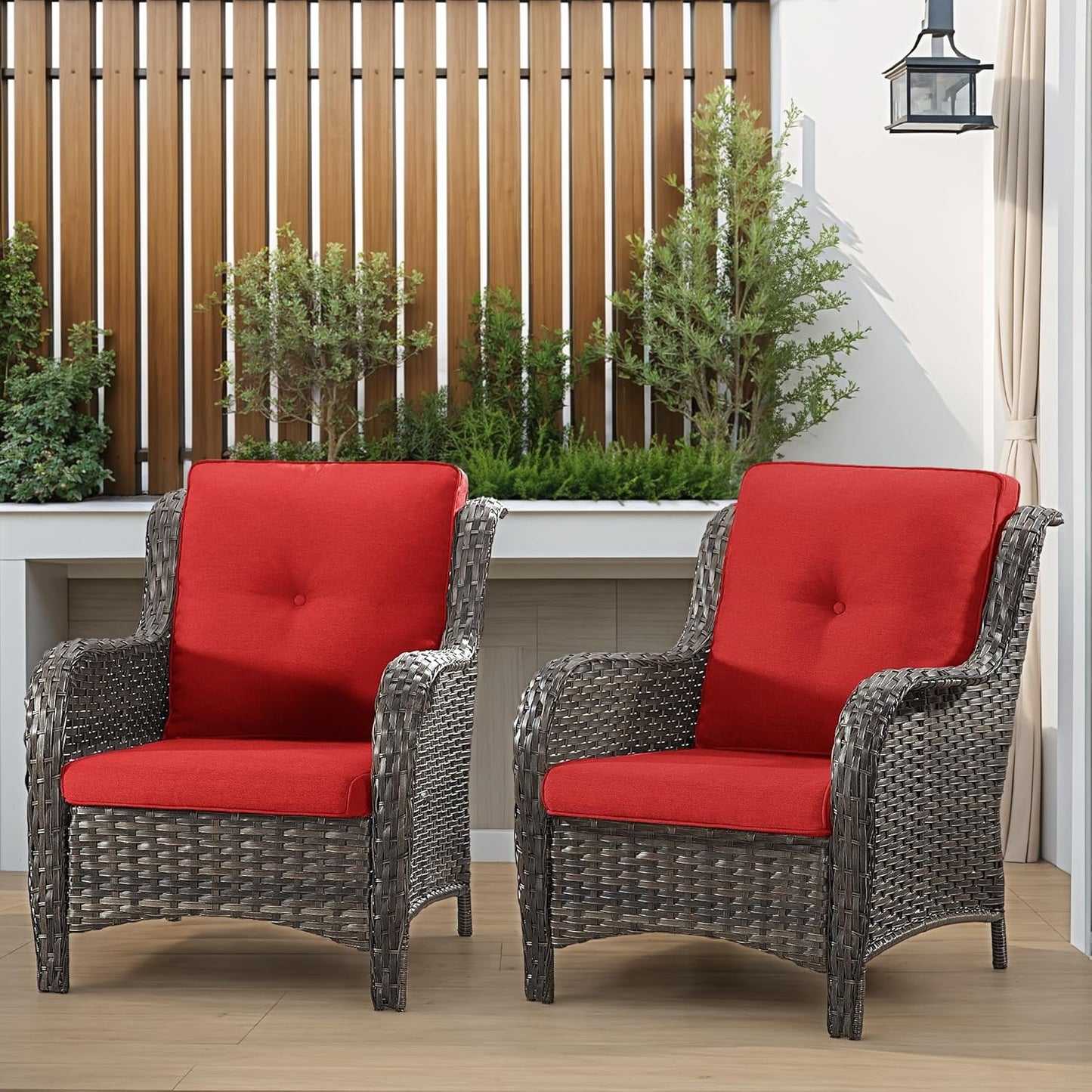 Patio Wicker Chairs Set of 2, Patio Rattan Dining Chairs with 3.5-inch Seat Cushions, High Back and Curved Armrest for Garden, Backyard, Balcony and Deck, Red