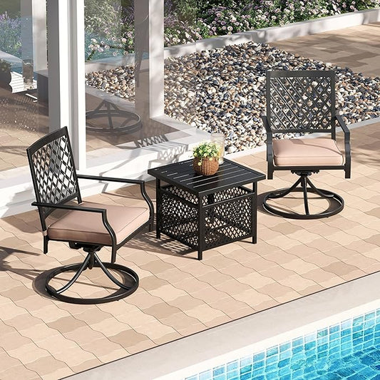 PHI VILLA 3 Piece Outdoor Bistro Set for 2, 22" Wrought Iron Square Table with Umbrella Hole & Swivel Metal Chairs, Small Furniture Conversation Set for Porch, Deck, Balcony, Patio, Yard - Black