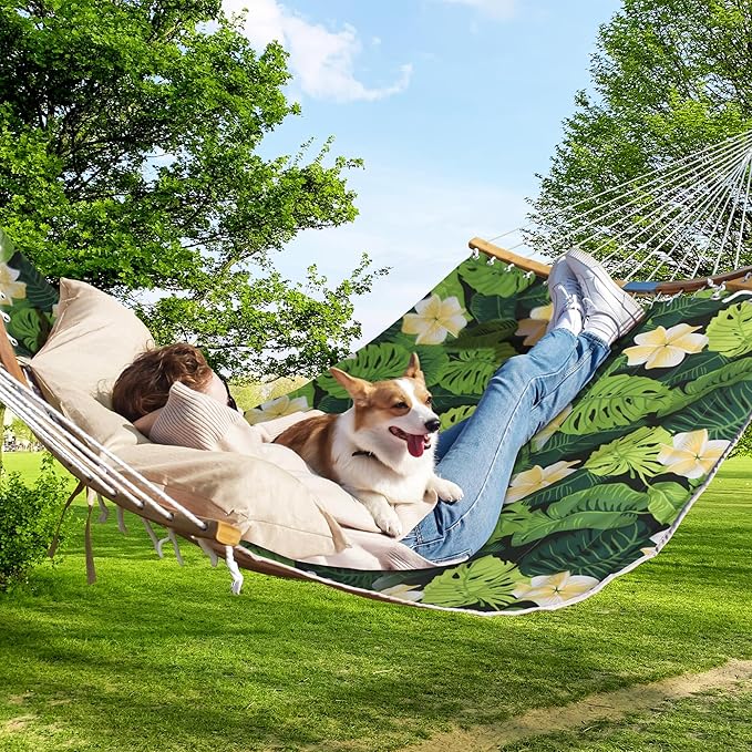 Double Hammock, 11 FT Quilted Fabric 2 Person Hammock for Outside with Pillow, Folding Curved Spreader Bar, Chains, Carrying Bag, Indoor Outdoor, 450 IB Capacity, GreenLeaves