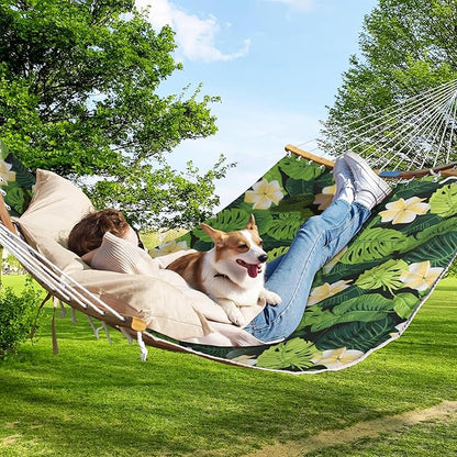 Double Hammock, 11 FT Quilted Fabric 2 Person Hammock for Outside with Pillow, Folding Curved Spreader Bar, Chains, Carrying Bag, Indoor Outdoor, 450 IB Capacity, GreenLeaves