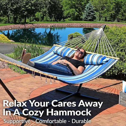 Sunnydaze Quilted Outdoor Hammock with Spreader Bars - Heavy-Duty 450-Pound Capacity Double Hammock for Outside - Misty Beach