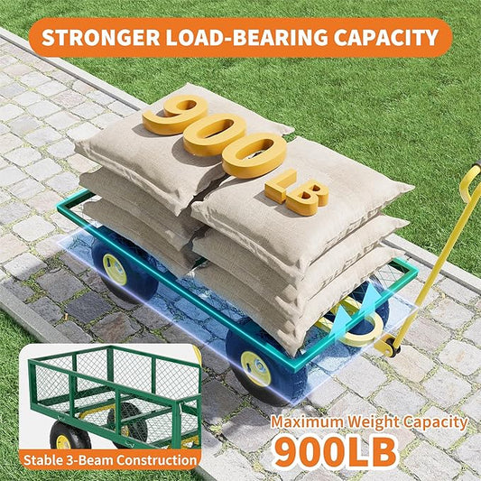 900 Lbs Garden Wagon, 2-in-1 Heavy-Duty Steel Garden Cart, with 10 Inch All-Terrain Tires and Removable Mesh Side Panels, 180° Rotating Handle, Metal Utility Yard Trailer, Outdoor Gardens Wagon Cart