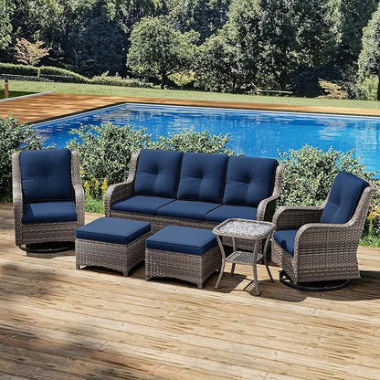 Joyside Wicker Patio Furniture Set 6 Piece Set with 1 Three-Seat Sofa, 2 Swivel Rocker Chairs, 2 Ottomans and 1 Side Table, Outdoor Furniture Patio Conversation Sets(Mixed Grey/Blue)
