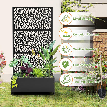 Raised Garden Bed with Trellis and Wheels,73"x35"x16" Metal Raised Garden Bed,Black Flowing Leaf-2 Metal Planter with Climbing Trellis for Vines & Vegetables