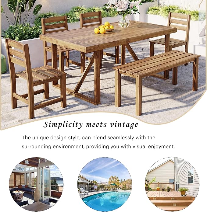 Outdoor, Residential Dining Table, 4-Chair ，Bench Set, 6PC,Wooden Frame,Patio, Balcony, Backyard,Gardens, Poolside
