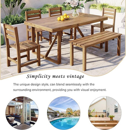 Outdoor, Residential Dining Table, 4-Chair ，Bench Set, 6PC,Wooden Frame,Patio, Balcony, Backyard,Gardens, Poolside