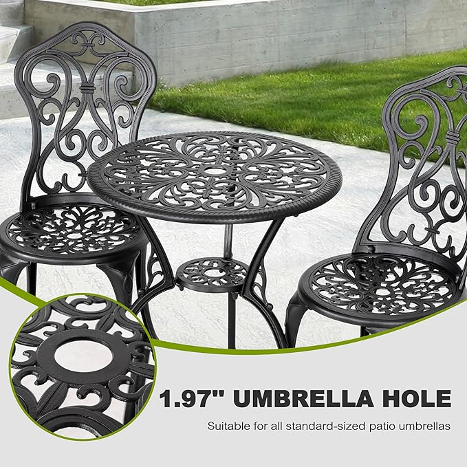 NUU GARDEN 3-Piece Outdoor Bistro Set with 2 Chairs and Round Table with Umbrella Hole, All-Weather Patio Set for Garden, Porch, Lawn, Poolside, Black