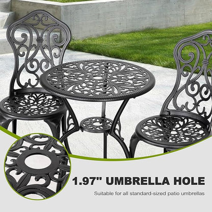 NUU GARDEN 3-Piece Outdoor Bistro Set with 2 Chairs and Round Table with Umbrella Hole, All-Weather Patio Set for Garden, Porch, Lawn, Poolside, Black