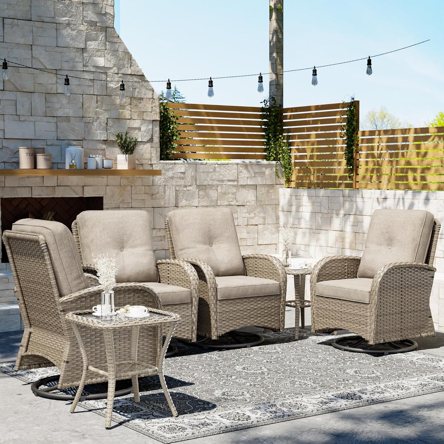 Joyside Outdoor Swivel Rocker Chairs, 6 Piece Wicker Patio Set with Thick Cushion and Side Table, Rattan Patio Swivel Rocking Chairs for Porch, Deck Use (Natural/Beige, 6 PCS)