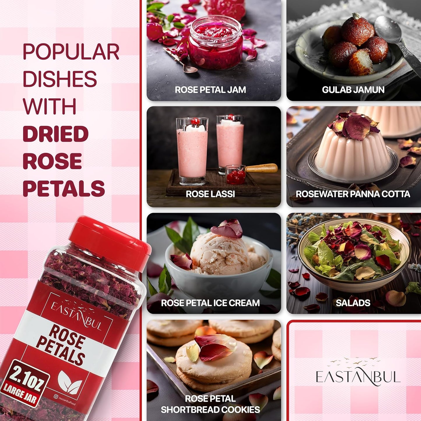 Eastanbul Dried Rose Petals, 2.1oz, Premium Edible Rose Petals, Dried Flower for Herbal Tea, Decoration, Sprinkles, Dessert Topping, From Mediterranean Flowers, Natural, Vegan, Gluten Free, Non GMO