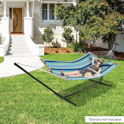 Tangkula 10.5FT Double Hammock, Heavy Duty Outdoor Hammock with Curved Spreader Bars, Detachable Pillow, 2 Person Hammocks for Outside, Porch, Patio (Stand is not Included) (Blue+Green)