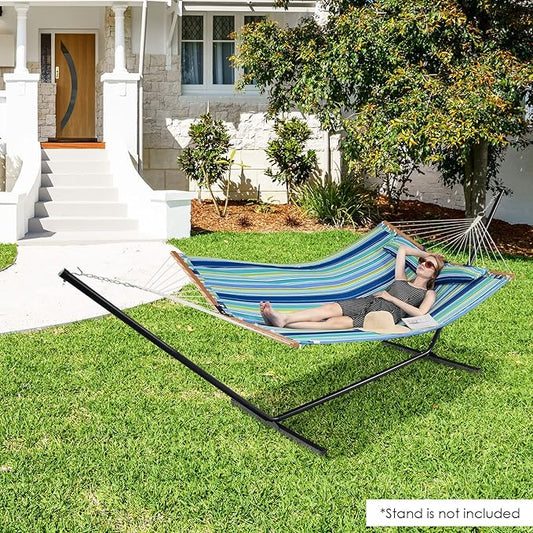 Tangkula 10.5FT Double Hammock, Heavy Duty Outdoor Hammock with Curved Spreader Bars, Detachable Pillow, 2 Person Hammocks for Outside, Porch, Patio (Stand is not Included) (Blue+Green)