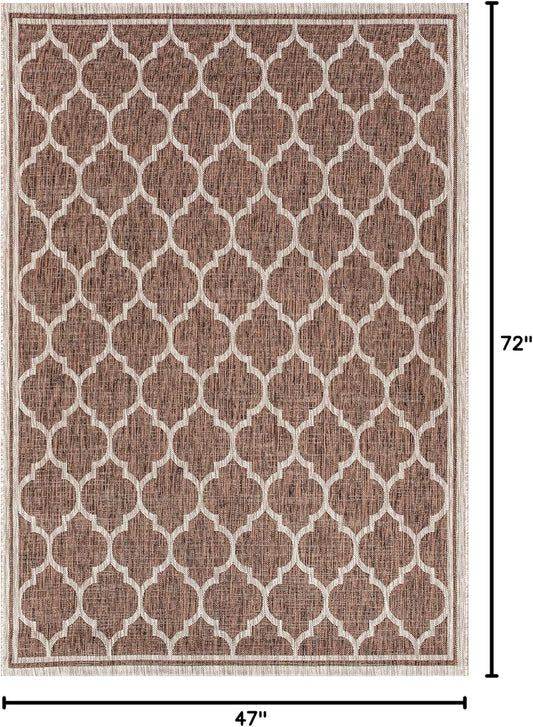 Eyely BMS109B-4 Santa Monica Trebol Moroccan Trellis Textured Weave Indoor/Outdoor Area Rug Coastal;Bohemian, Bedroom, Backyard, Patio, Easy-Cleaning, Non-Shedding, 4 X 6, Espresso/Taupe