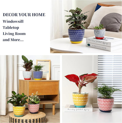 Selamica Ceramic Plant Pots, 5.6 Inch Flower Pots for Indoor Plants, Planters with Drainage Hole and Saucer, Garden Pots for Succulent, Orchid, Home Decor, Set of 4, Assorted Colors