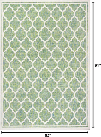 Eyely BMS109I-5 Santa Monica Trebol Moroccan Trellis Textured Weave Indoor/Outdoor Area Rug Coastal;Bohemian, Bedroom, Backyard, Patio, Easy-Cleaning, Non-Shedding, 5 X 8, Cream/Green