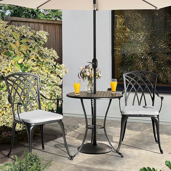 NUU GARDEN Bistro Set 3 Piece Outdoor All Weather Cast Aluminum Patio Bistro Set Patio Table and Chairs Set of 2 with Umbrella Hole and Grey Cushions for Backyard, Balcony, Lawn, Black