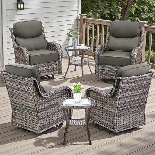 6 Piece Outdoor Patio Swivel Rocker Chairs, Waterproof Wicker, High Back, Deep Seating, Wide Armrest, Upgraded 6 inch Thick Cushions, Side Table, Ideal for Deck Porch Yard, Mixed Grey/Grey