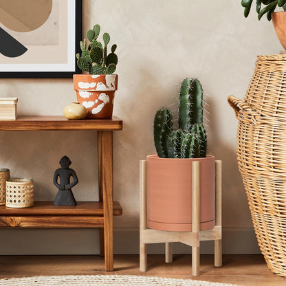 D'vine Dev Terracotta Planter with Natural Stand - 10 Inch Modern Round Flower Pot with Wood Planter Holder, Terracotta, 55-B-K-5