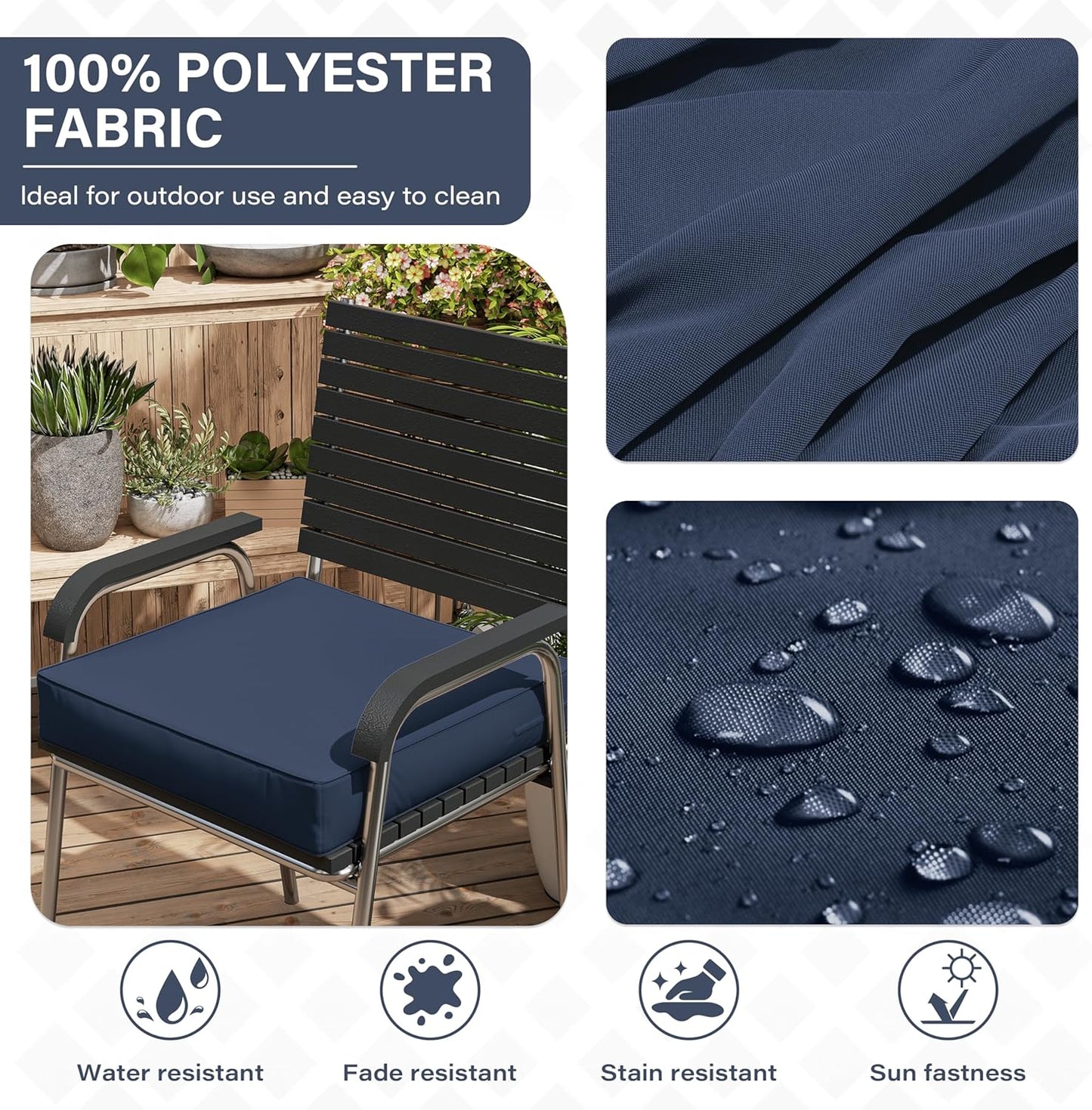 Patio Chair Cushions 22 X 22 X 4 Inch Waterproof Outdoor Seat Cushions for Patio Furniture, Outdoor Sofa Couch Pads with Ties & Handle, Set of 2, Navy Blue