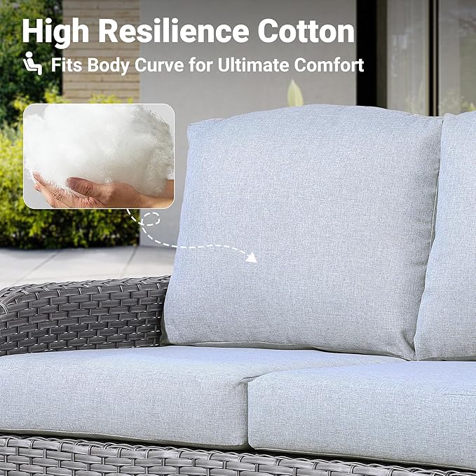 ovios 2 Pieces Patio Furniture Set, Outdoor Wicker Sofa with Glass Coffee Table, All Weather High Back Rattan Loveseat Couch 2 Seats with Comfy Cushions, Grey