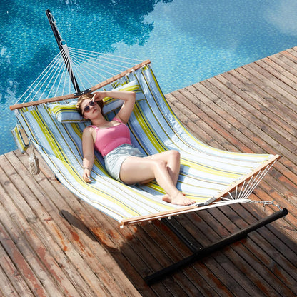 Two Person Hammock with Stand Heavy Duty, Outdoor Patio Hammock with Portable Steel Stand, Large Double Hammocks,480lbs Capacity. (Light Blue Stripes)